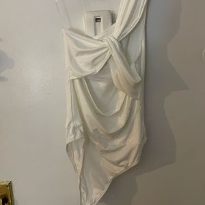 Blue Blush white, reversible, one shoulder body suit with cut out